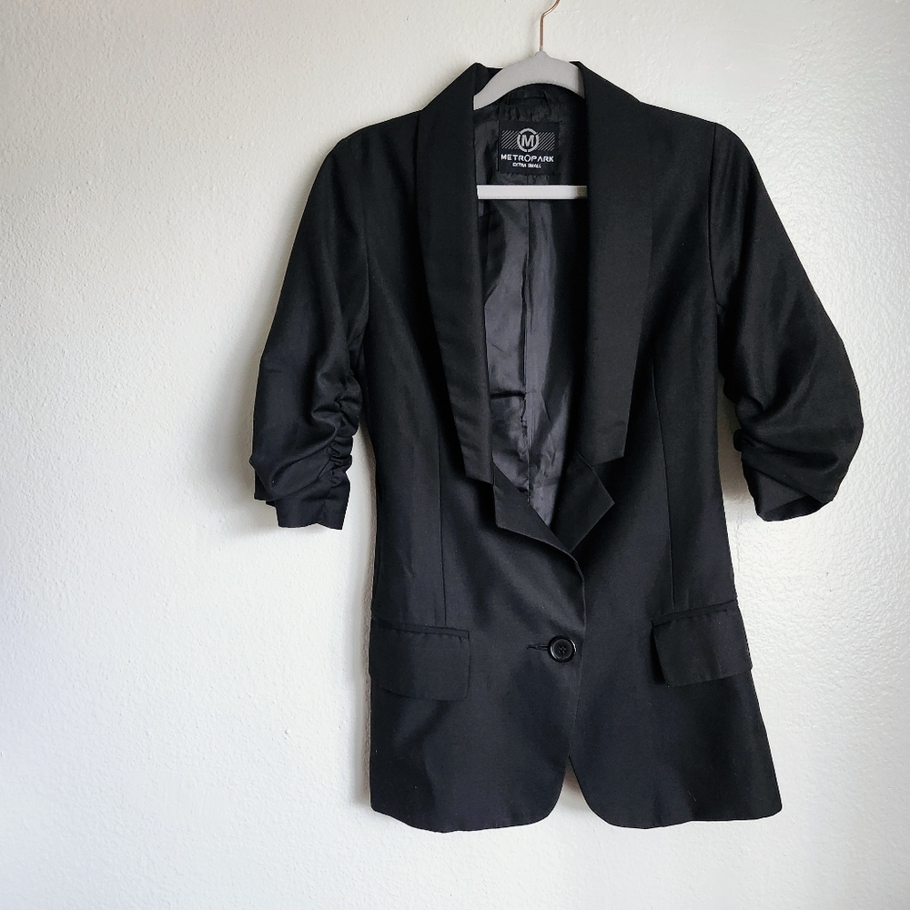 Metrostyle Black Ruched Sleeve Blazer XS Petite Office Jacket